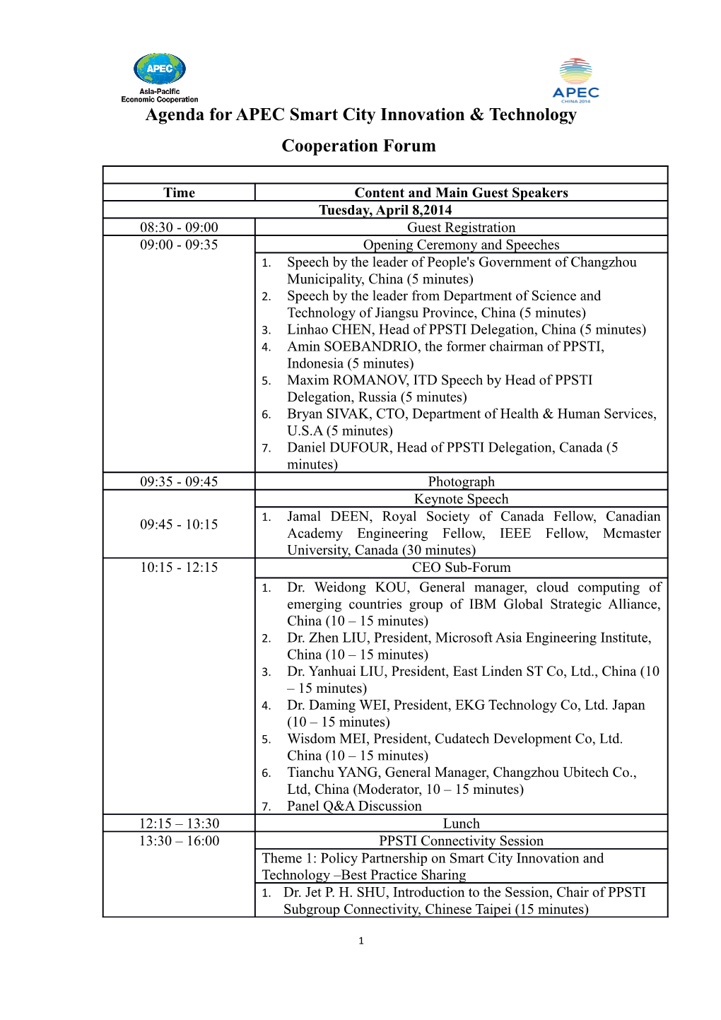 Agenda for APEC Smart City Innovation & Technology Cooperation Forum