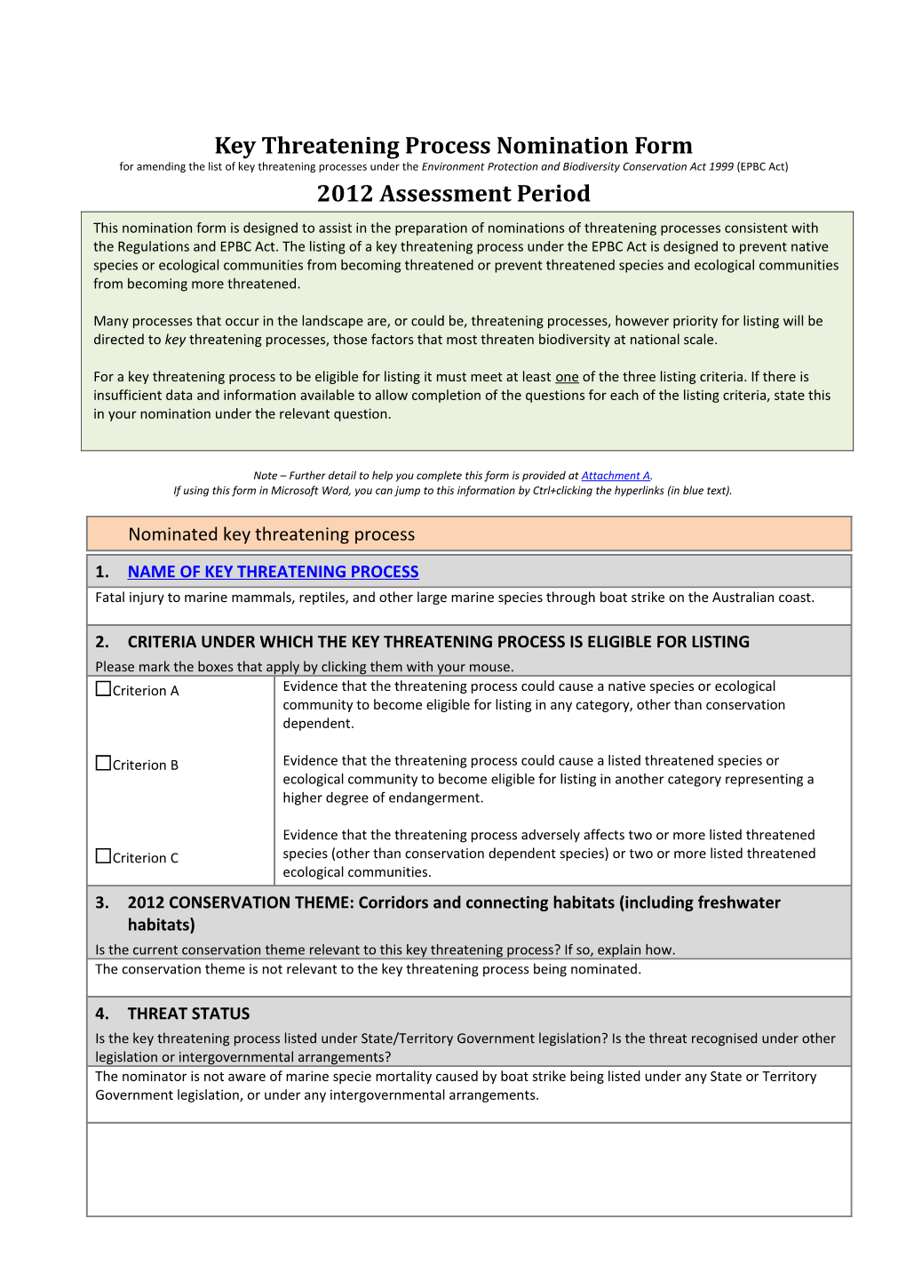 Key Threatening Process Nomination Form - Fatal Injury to Marine Mammals, Reptiles, And
