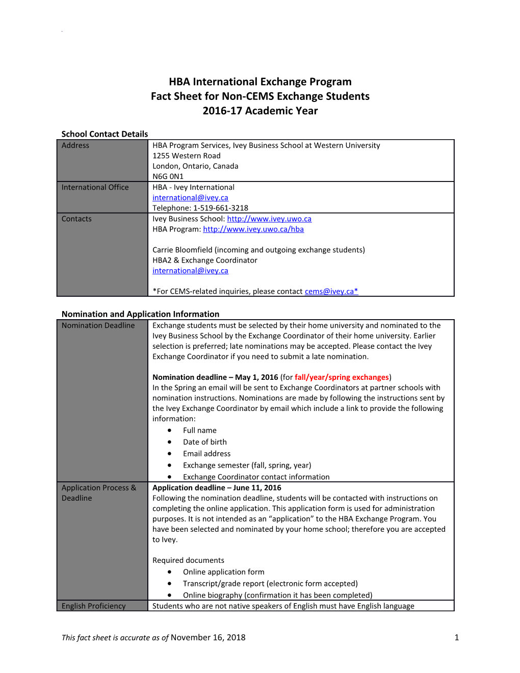 Fact Sheet for Non-CEMS Exchange Students