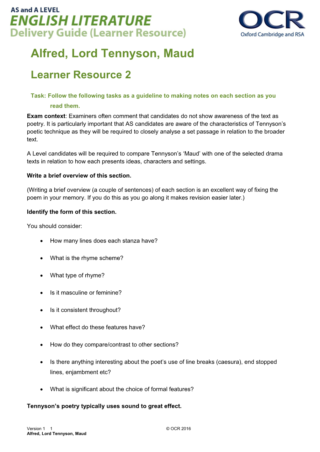 OCR a and AS Level English Literature, Alfred, Lord Tennyson - Maud Learner Resource 2