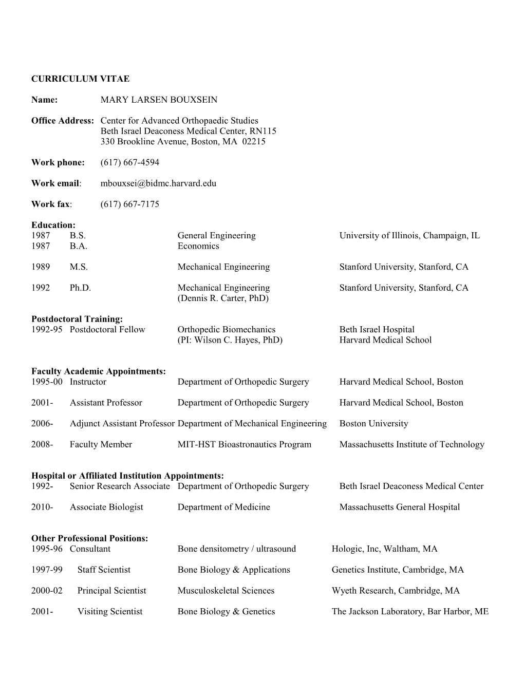 Curriculum Vitae: MARY LARSEN BOUXSEIN