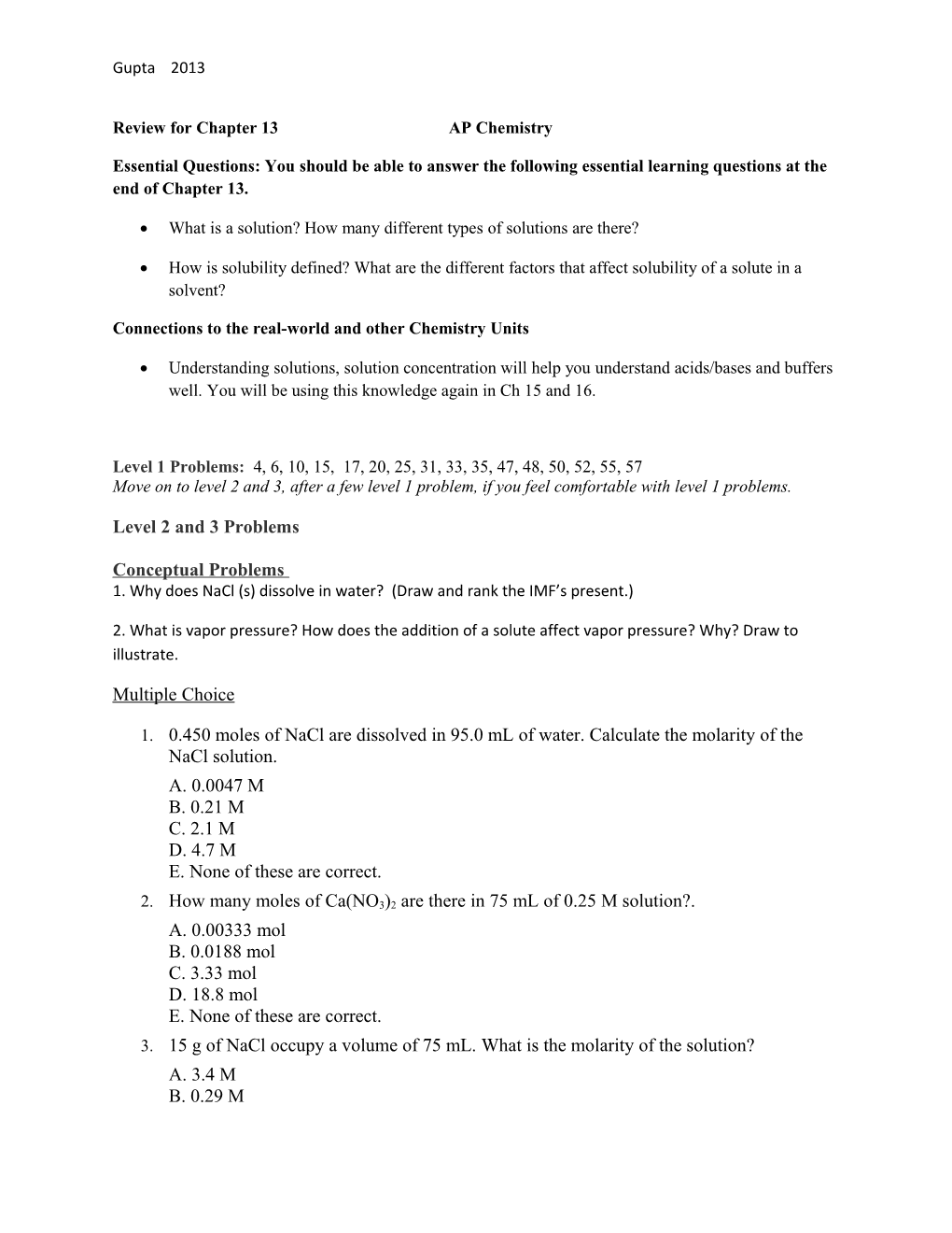 Review for Chapter 13 AP Chemistry