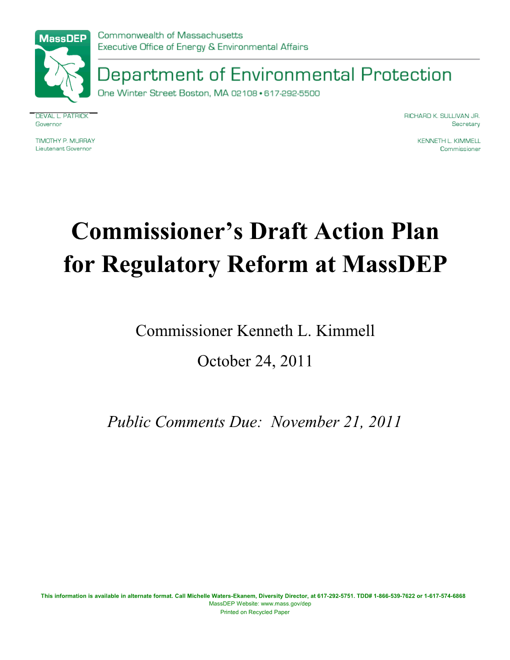 Commissioner S Draft Action Plan for Regulatory Reform at Massdep
