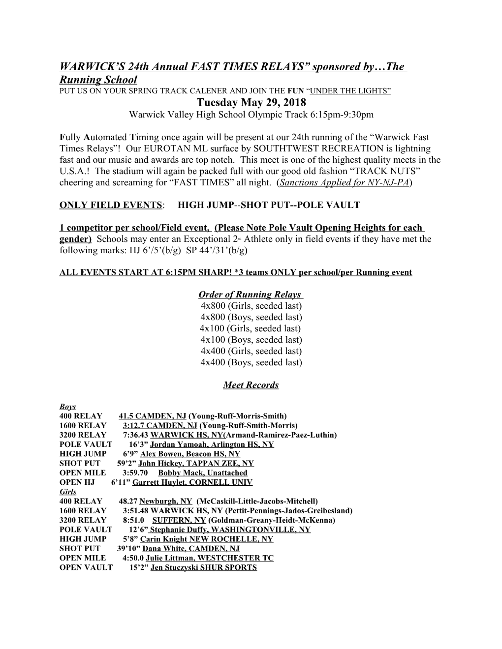 WARWICK S 24Th Annual FAST TIMES RELAYS Sponsored by the Running School