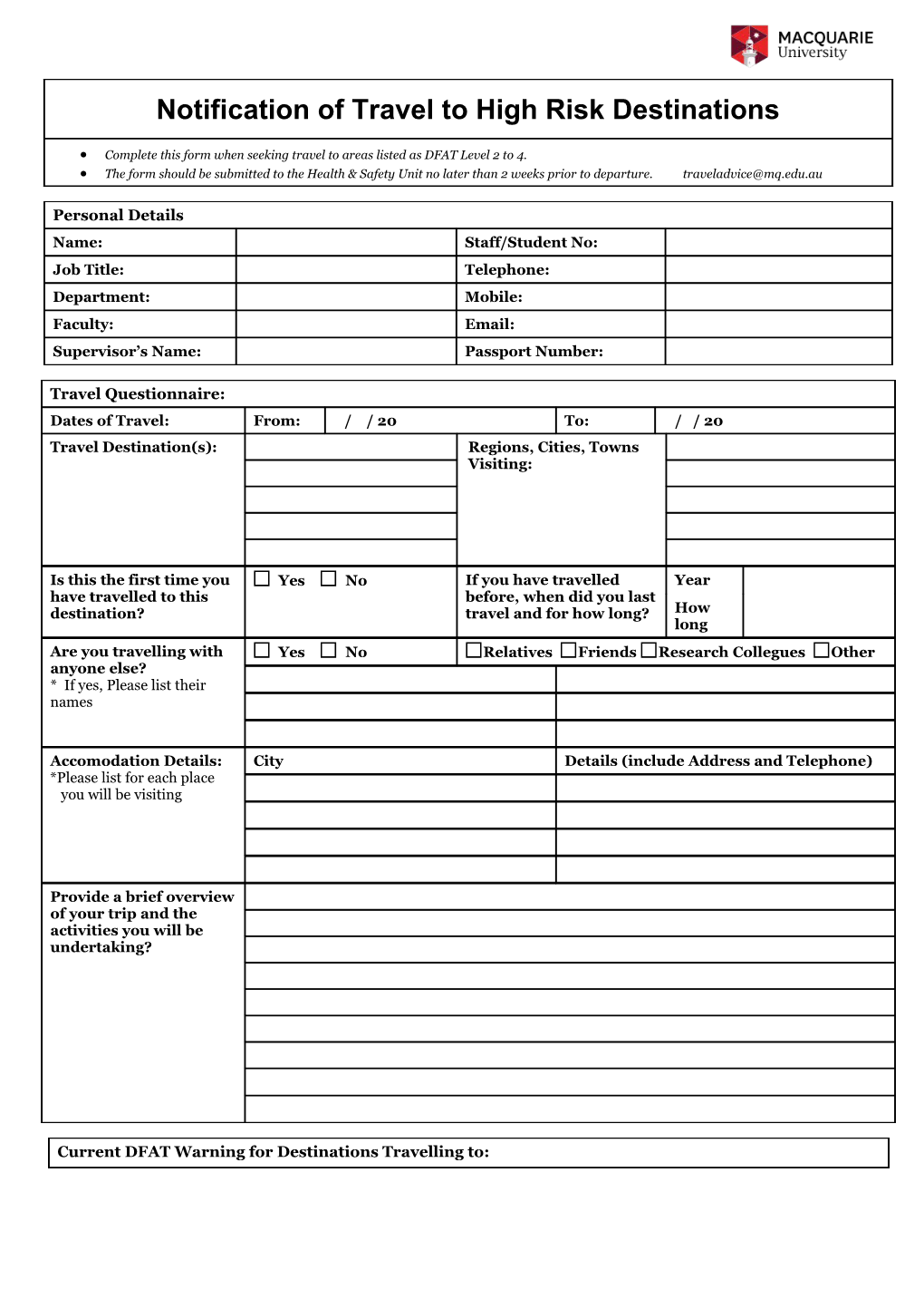 Complete This Form When Seeking Travel to Areas Listed As DFAT Level 2To4