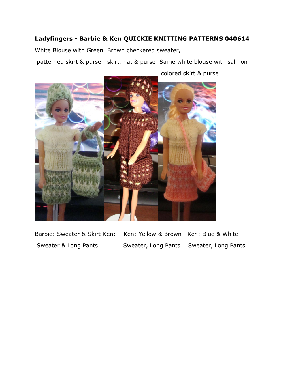 Ladyfingers - Barbie & Ken QUICKIE KNITTING PATTERNS 040614