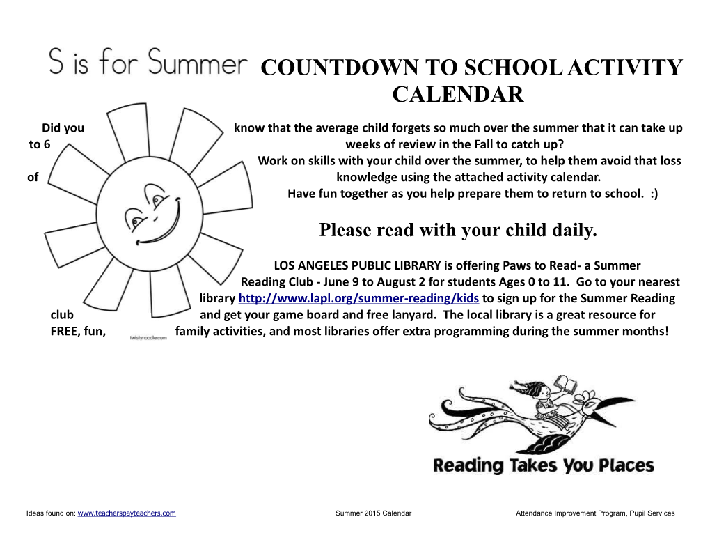Countdown to School Activity Calendar
