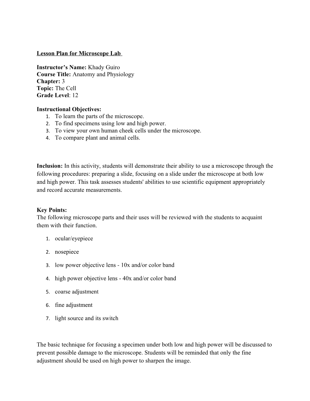 Lesson Plan for Microscope Lab