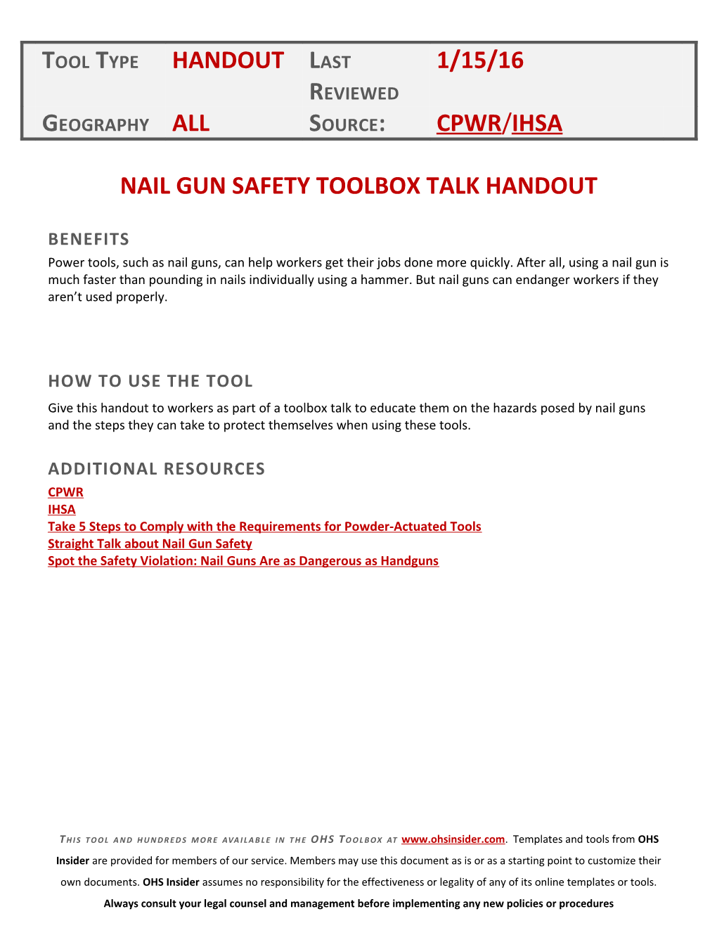 Nail Gun Safetytoolbox Talk Handout