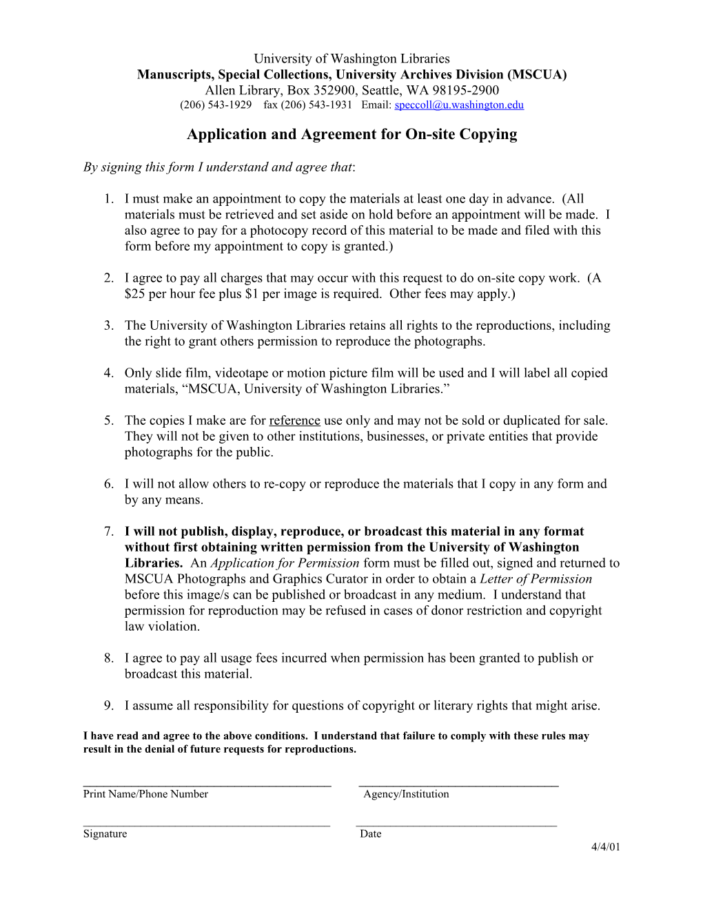 Reproduction Agreement Form/Photo Order Form