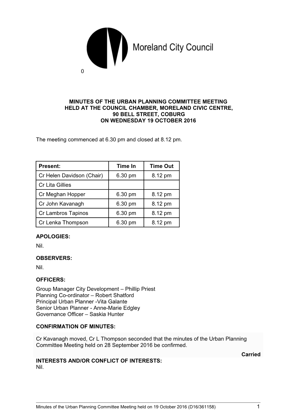 Minutes of Urban Planning Committee Meeting - 19 October 2016