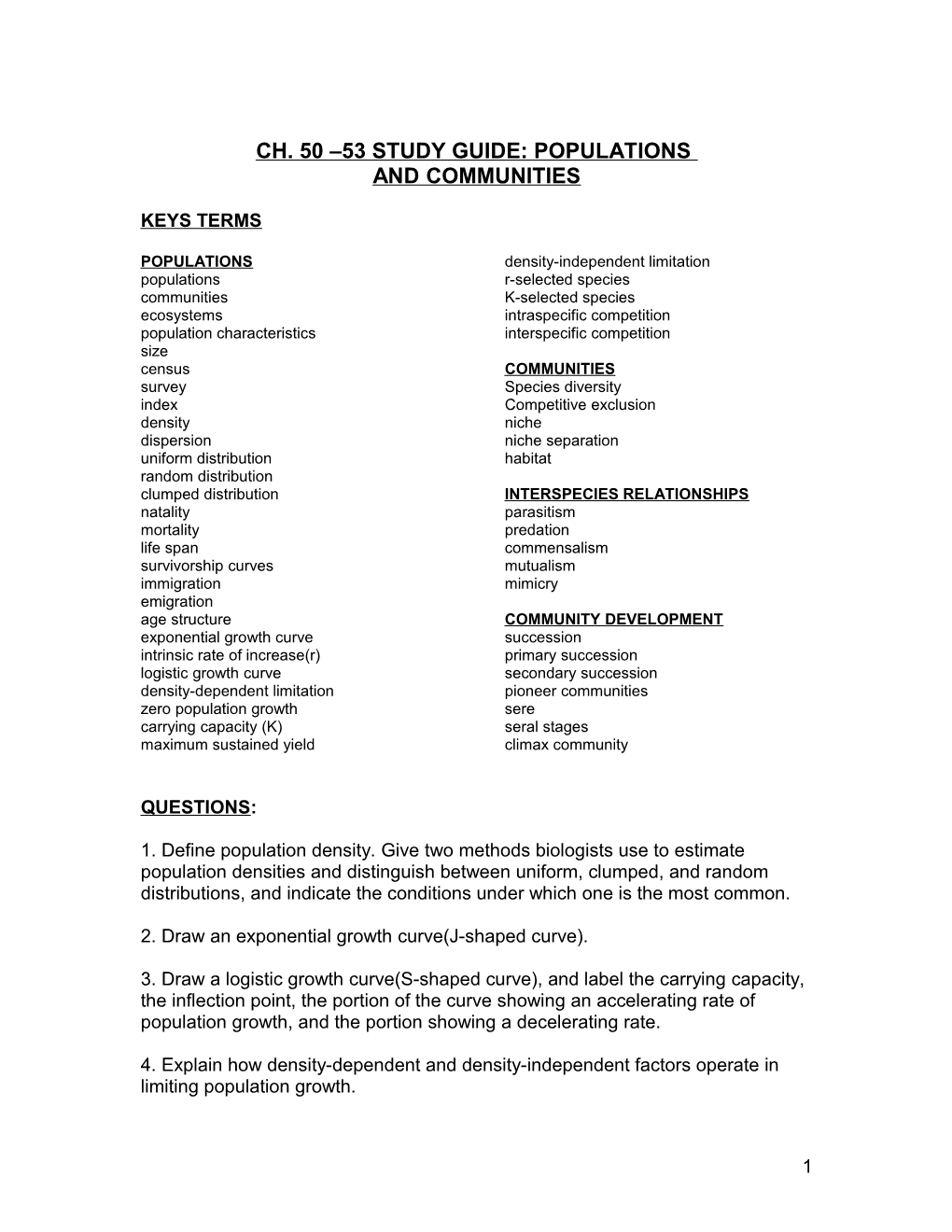 CH. 50 53 STUDY GUIDE: Populations