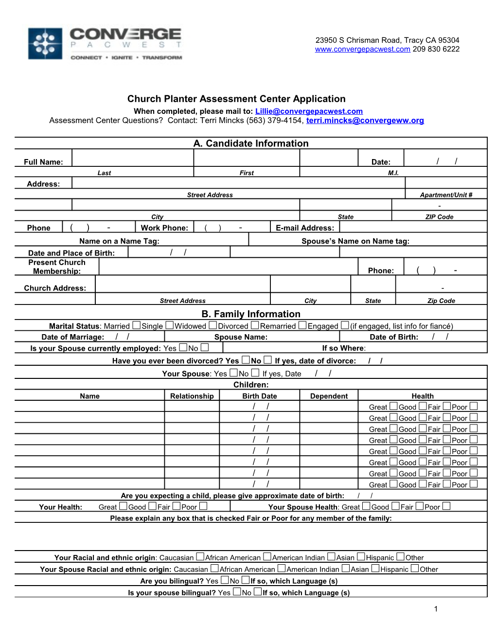 Midwest Church Planting Information Form for Assessment Center