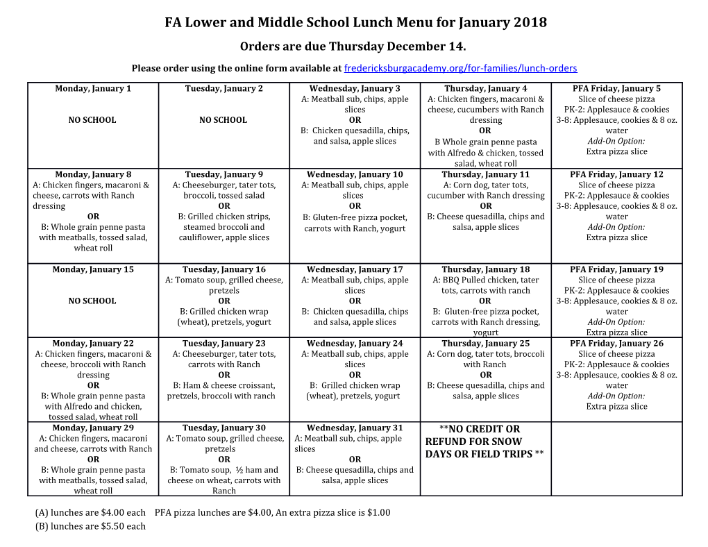 FA Lower and Middle School Lunch Menu for January 2018