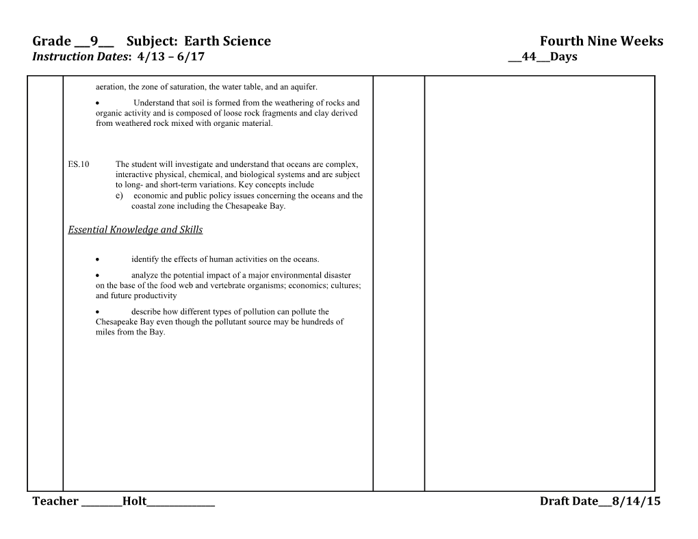 Grade ___9___ Subject: Earth Sciencefourthnine Weeks