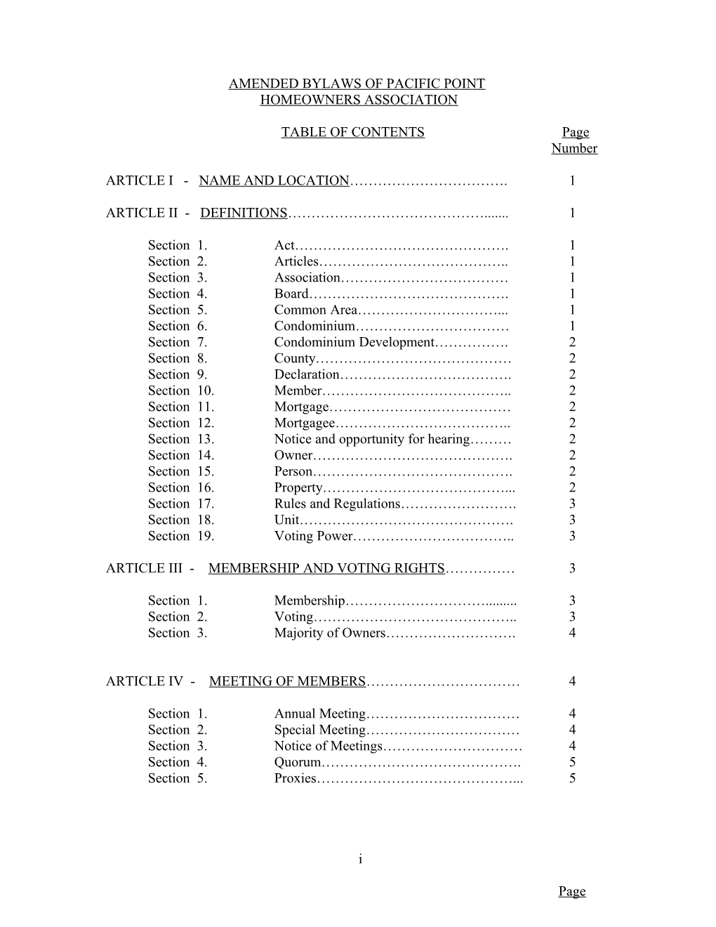 Amended Bylaws of Pacific Point