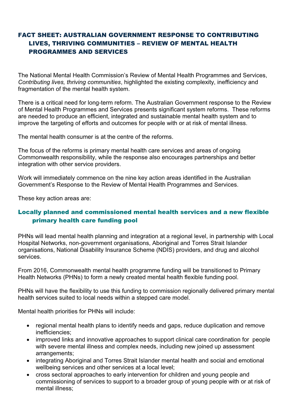 Fact Sheet: Australian Government Response to Contributing Lives, Thriving Communities