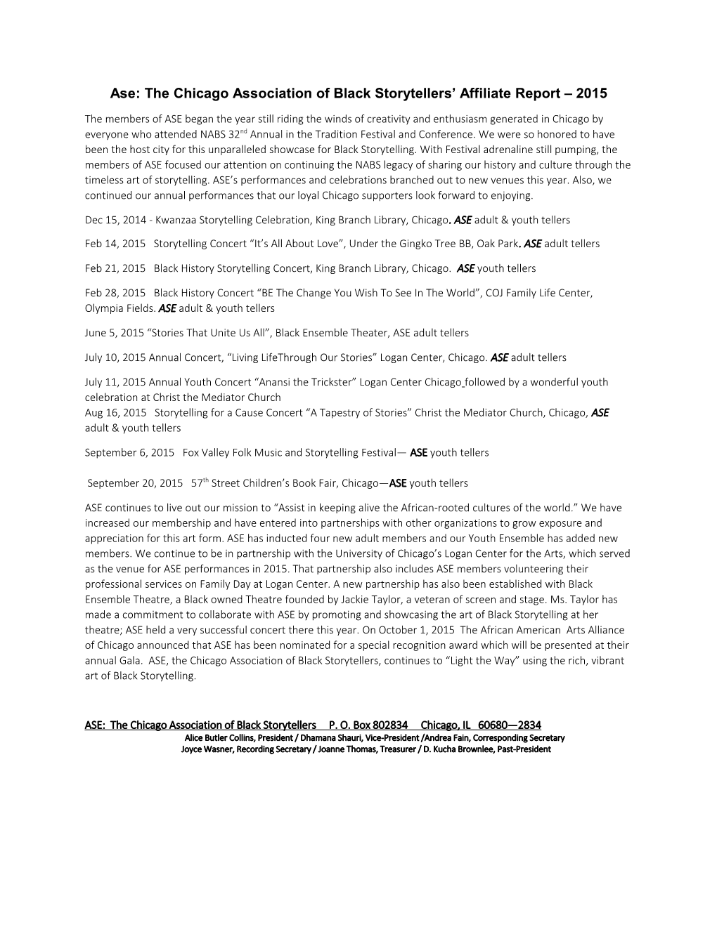 Ase: the Chicago Association of Black Storytellers Affiliate Report 2015
