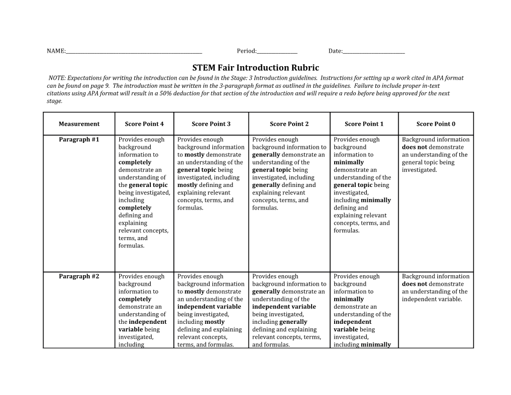 STEM Fair Introduction Rubric