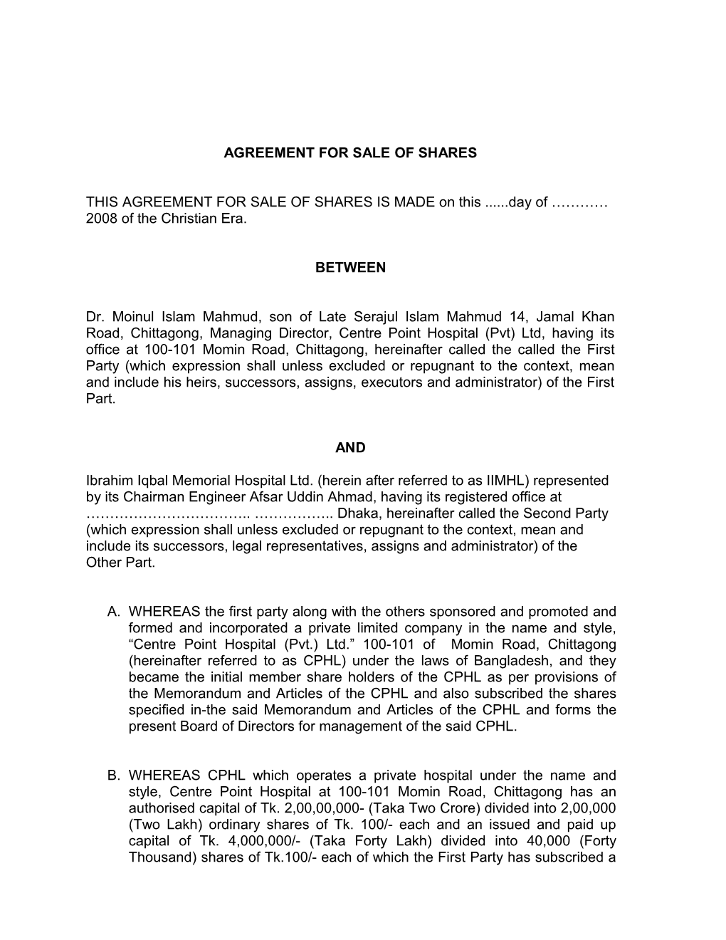 Agreement for Transfer of Shares
