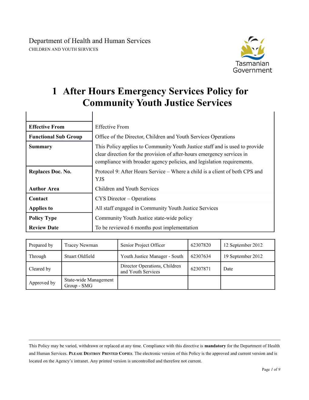 After Hours Emergency Services Policy for Community Youth Justice Services