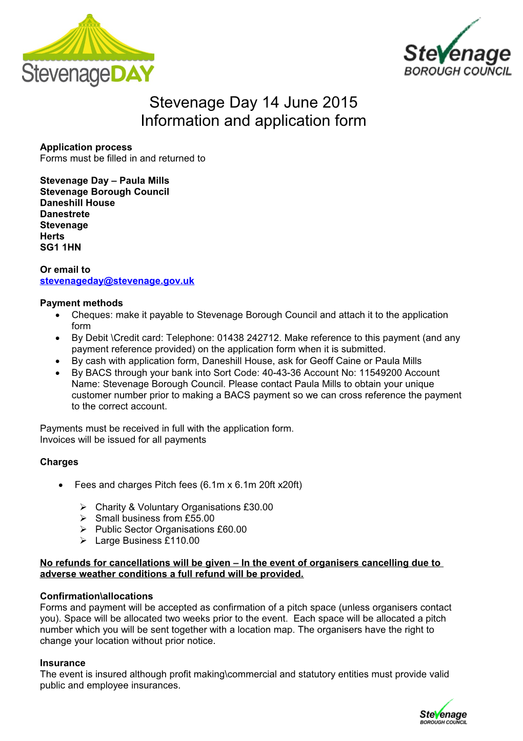 APPLICATION to TRADE: STEVENAGE DAY (June 2015)