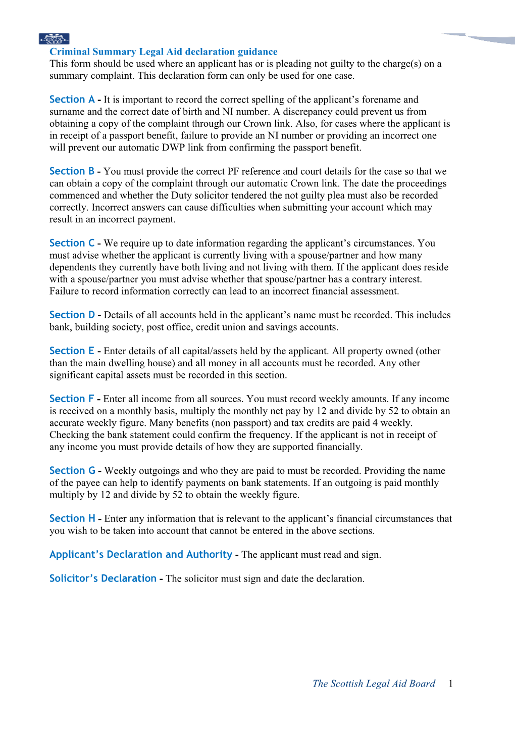 Criminal Summary Legal Aid Declaration Guidance