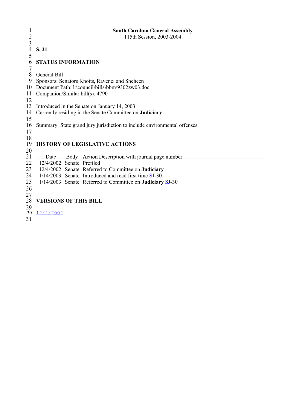 2003-2004 Bill 21: State Grand Jury Jurisdiction to Include Environmental Offenses - South