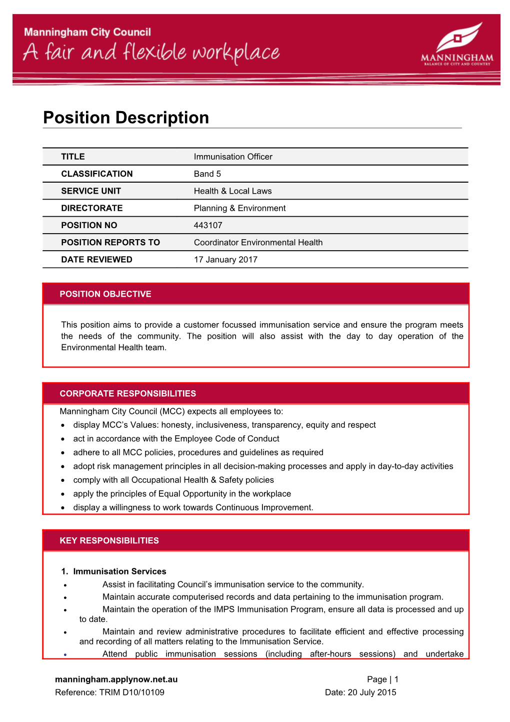 Manningham City Council Position Description