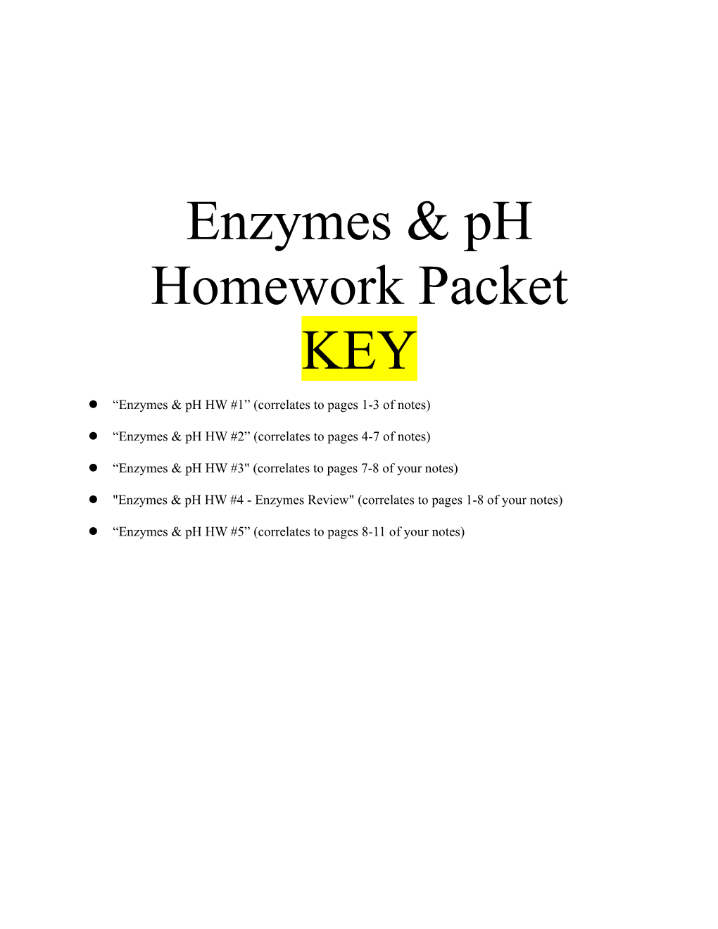 Enzymes & Ph Homework Packet