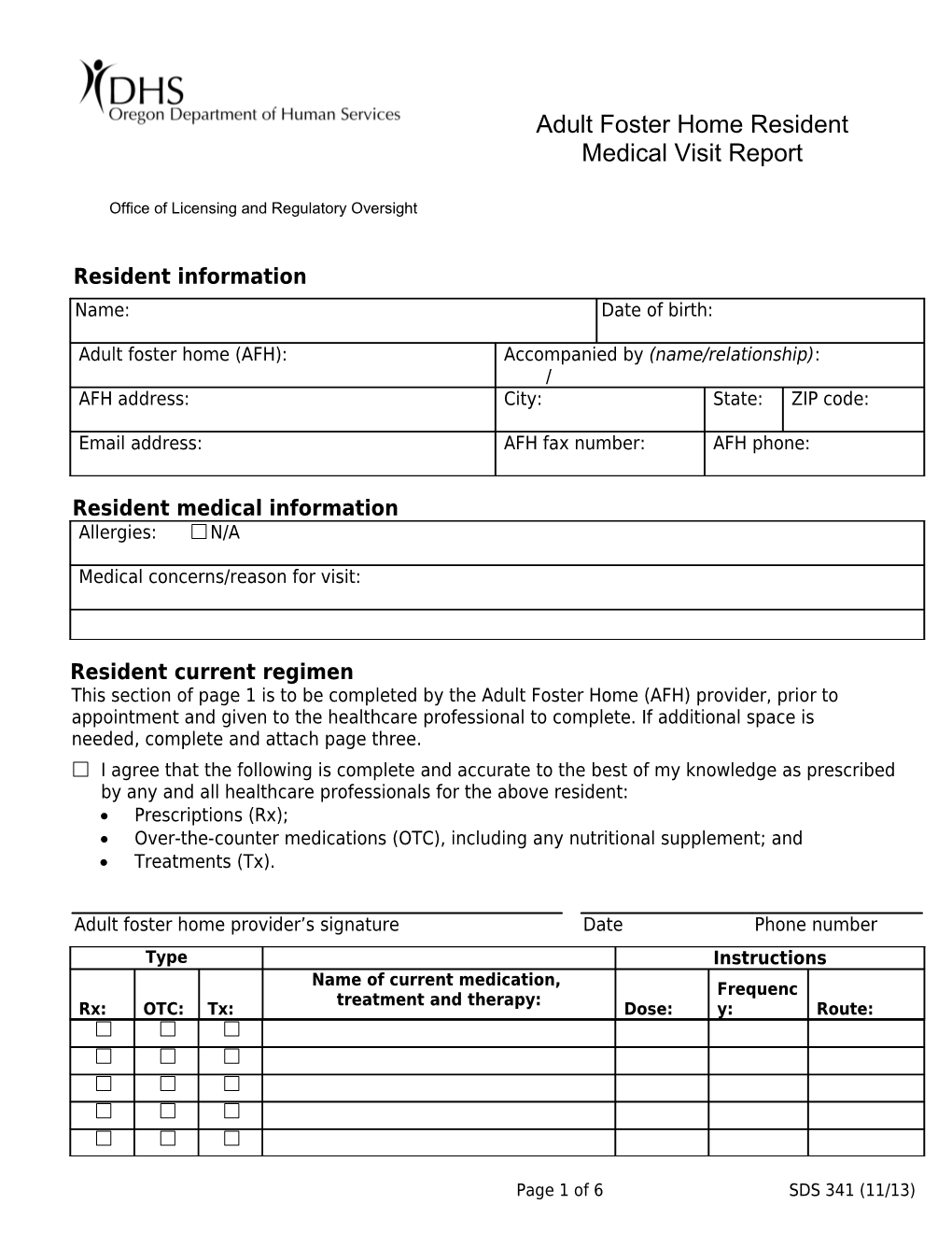 Adult Foster Home Resident - Medical Visit Report