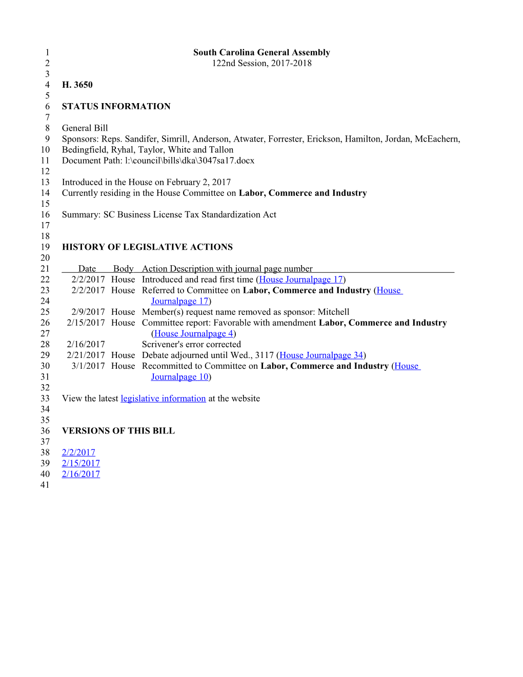 2017-2018 Bill 3650: SC Business License Tax Standardization Act - South Carolina Legislature