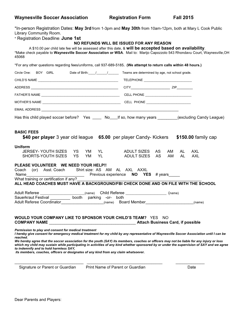 Waynesville Soccer Association Registration Form