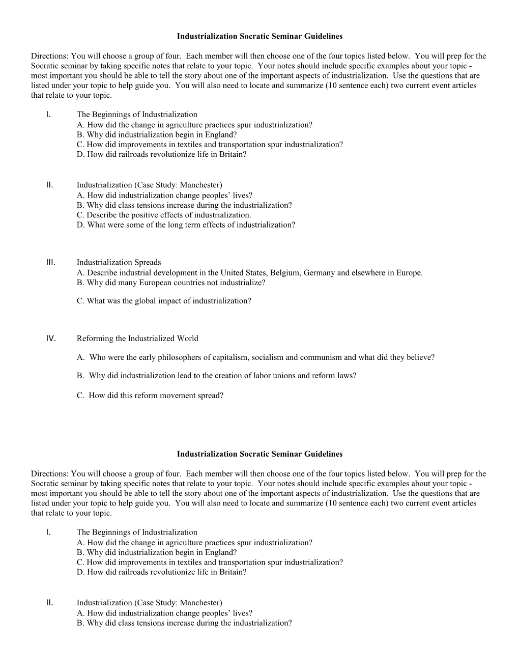 Industrialization Socratic Seminar Guidelines