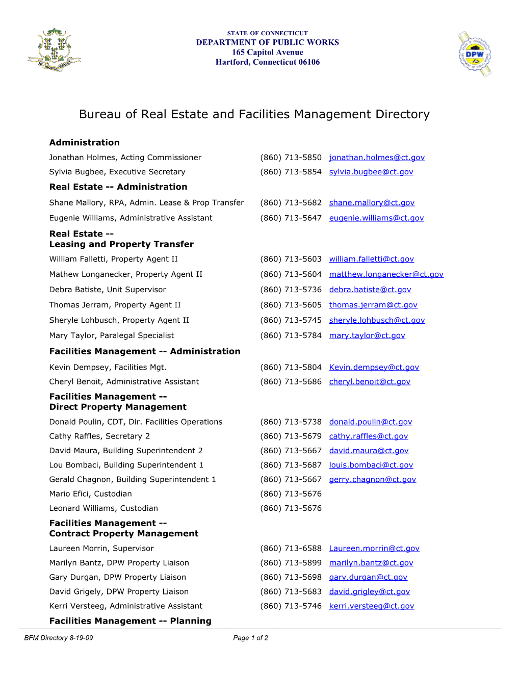 Bureau of Real Estate and Facilities Management Directory