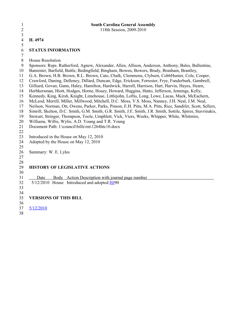 2009-2010 Bill 4974: W. E. Lyles - South Carolina Legislature Online