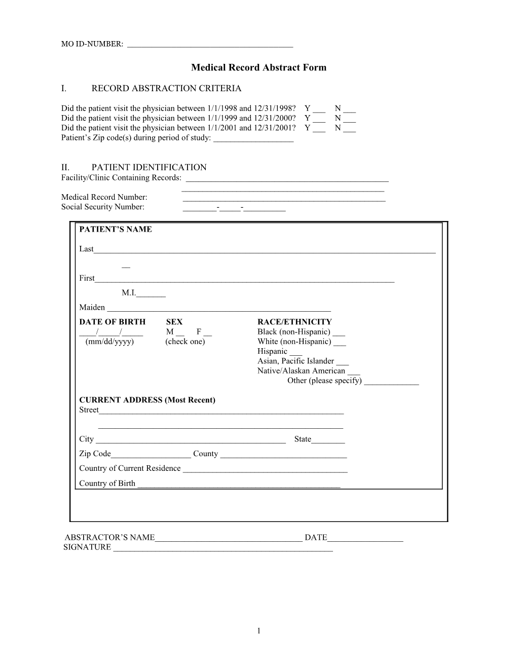 Medical Record Abstract Form