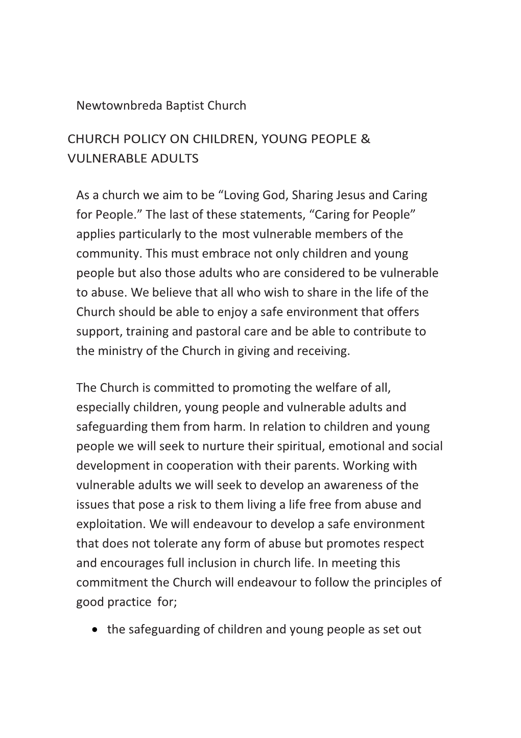 Church Policy on Children, Young People & Vulnerable Adults