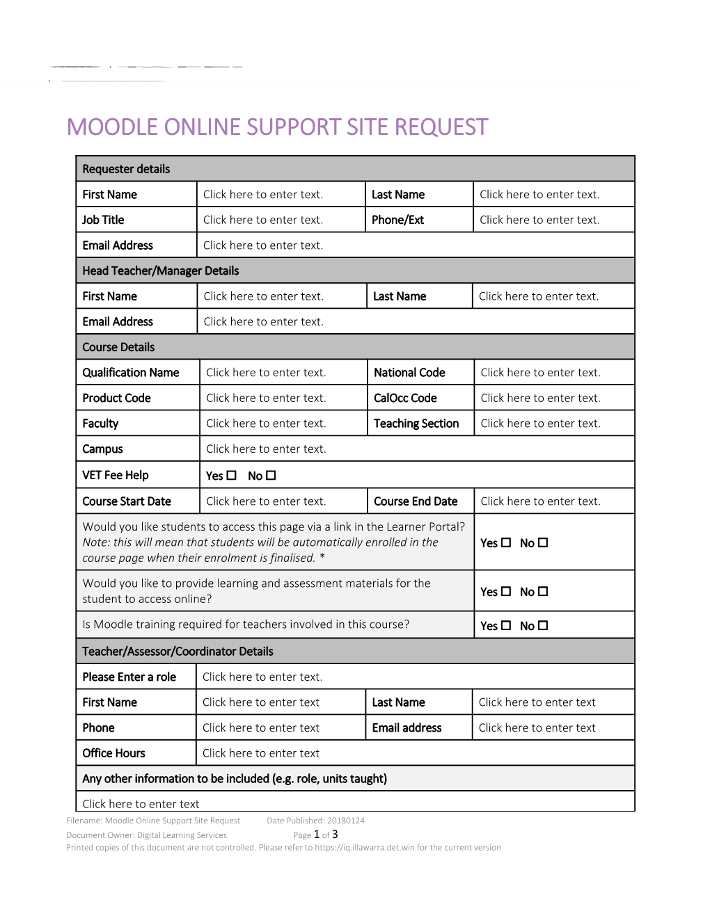 Moodle Online Support Site Request