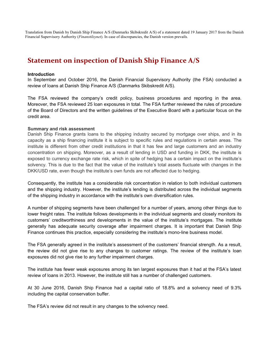 Statement on Inspection of Danish Ship Finance A/S