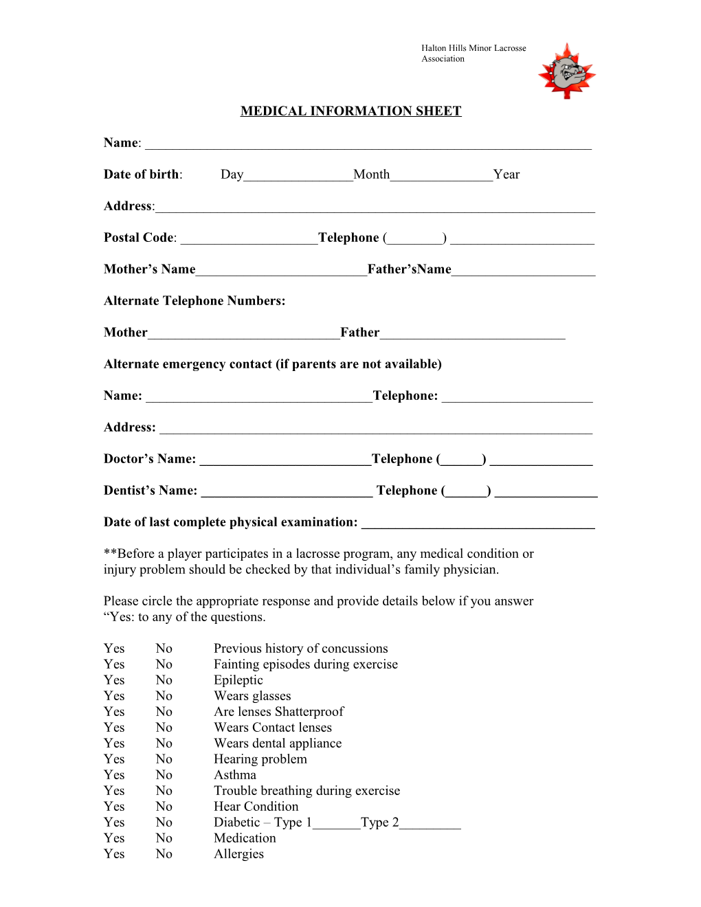 Medical Information Sheet