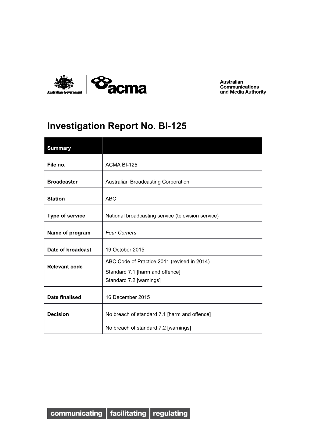 Investigation Report No. BI-125