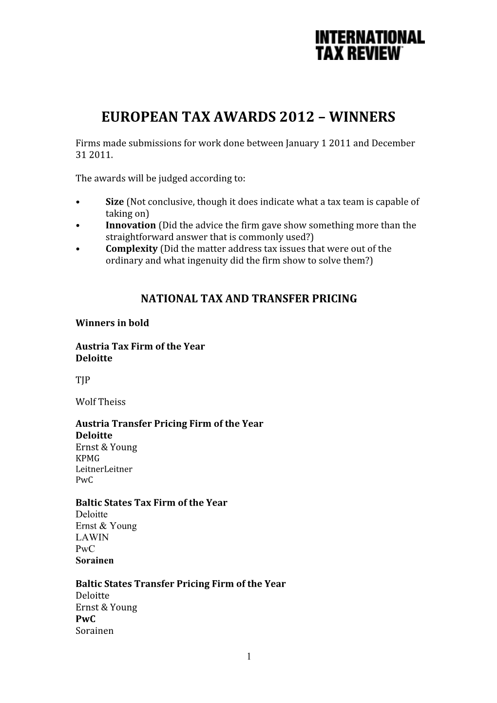 European Tax Awards 2008 Shortlists
