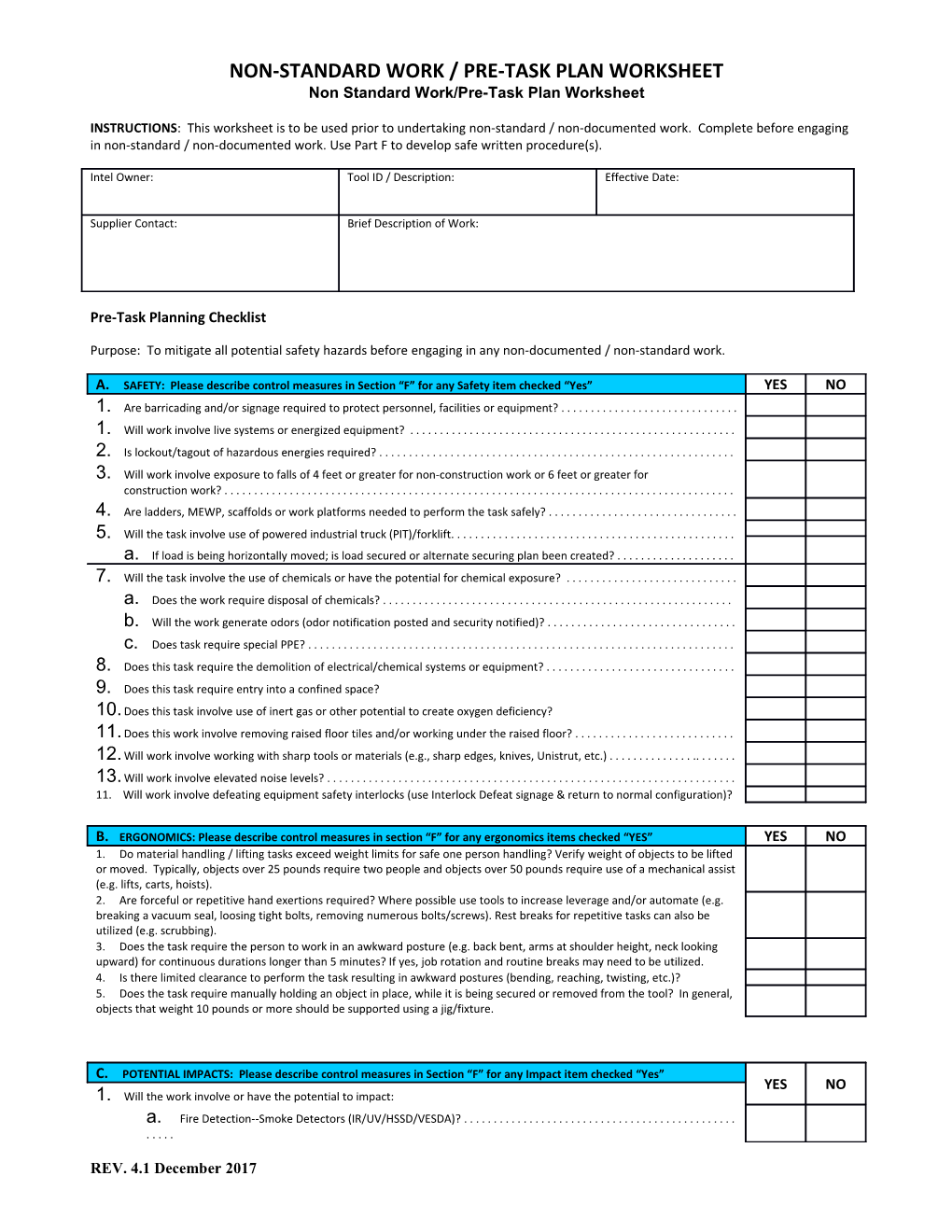 INSTRUCTIONS: This Worksheet Is to Be Used Prior to Undertaking Any Non-Documented And/Or