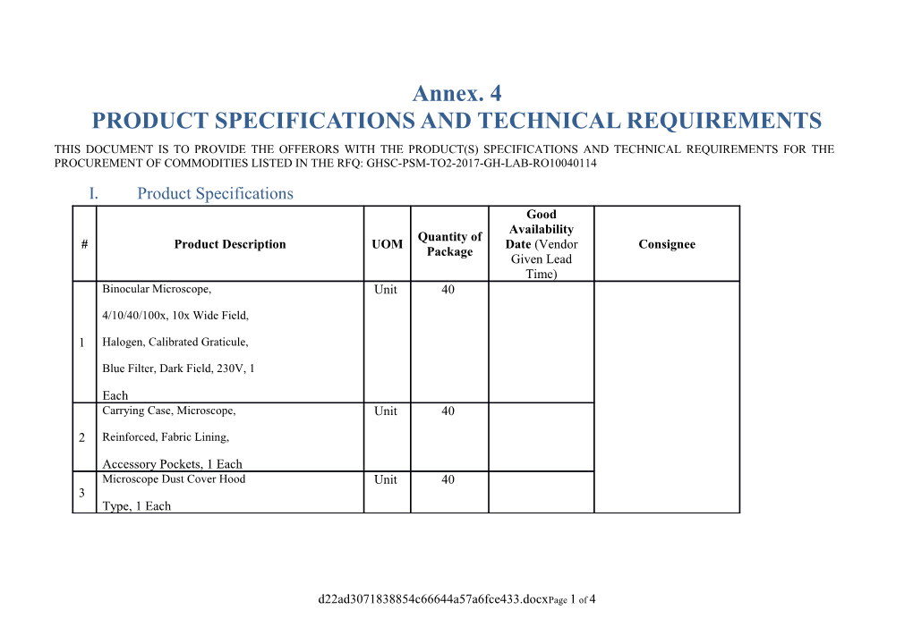 Product Specifications Andtechnical Requirements