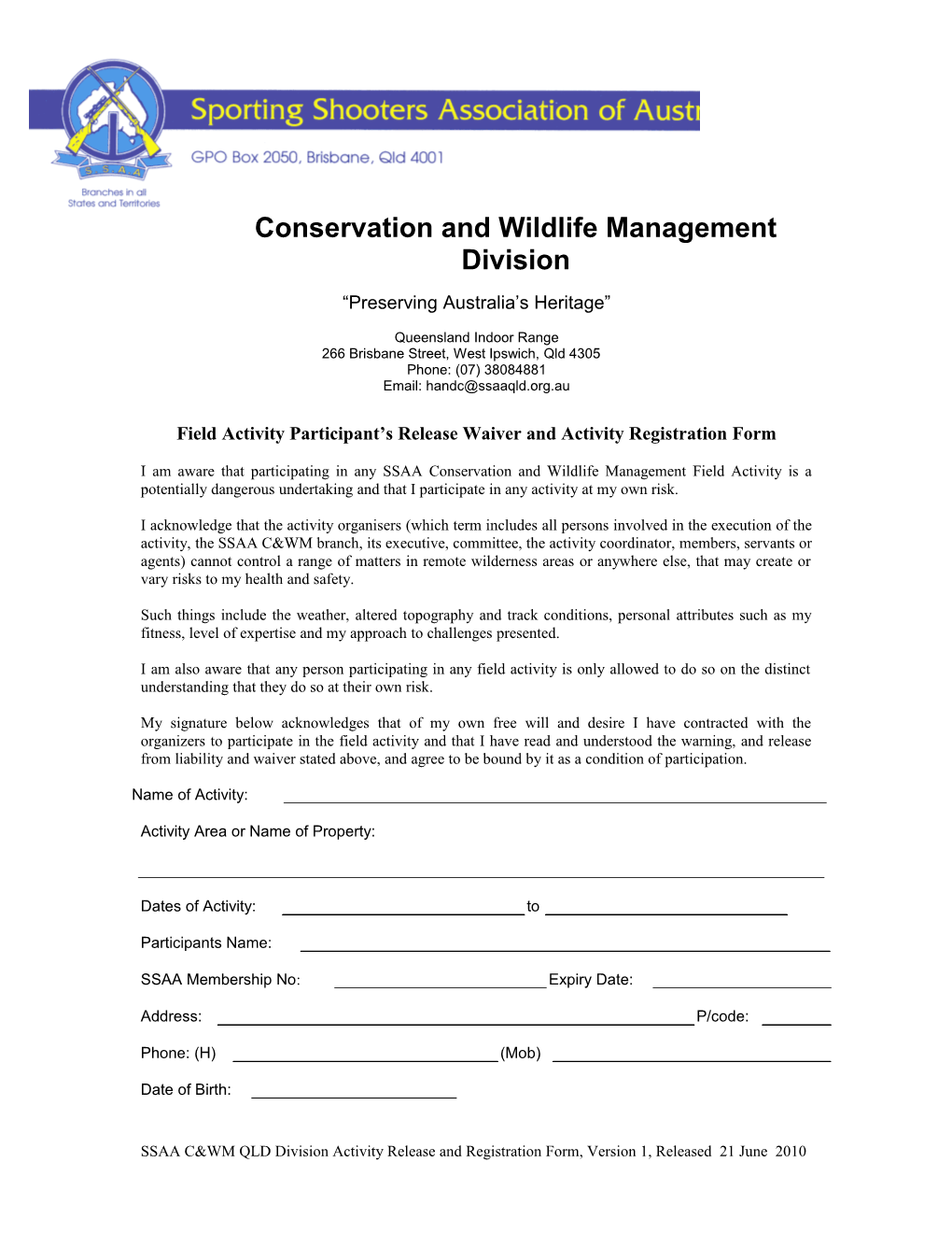 Field Activity Participant S Release Waiver and Activity Registration Form