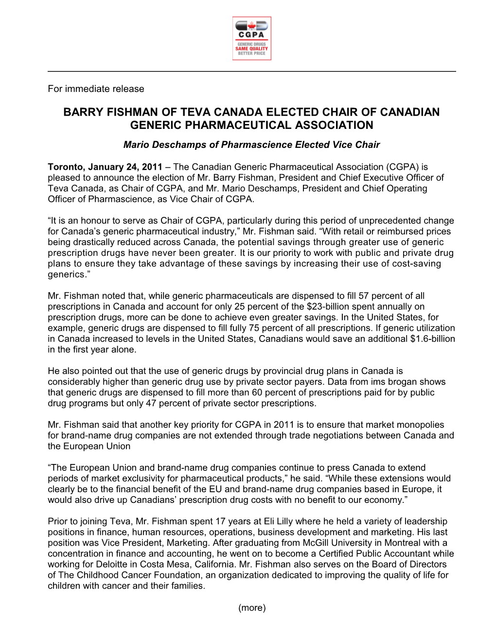 Barry Fishmanof Teva Canada Elected Chair of Canadian Generic Pharmaceutical Association