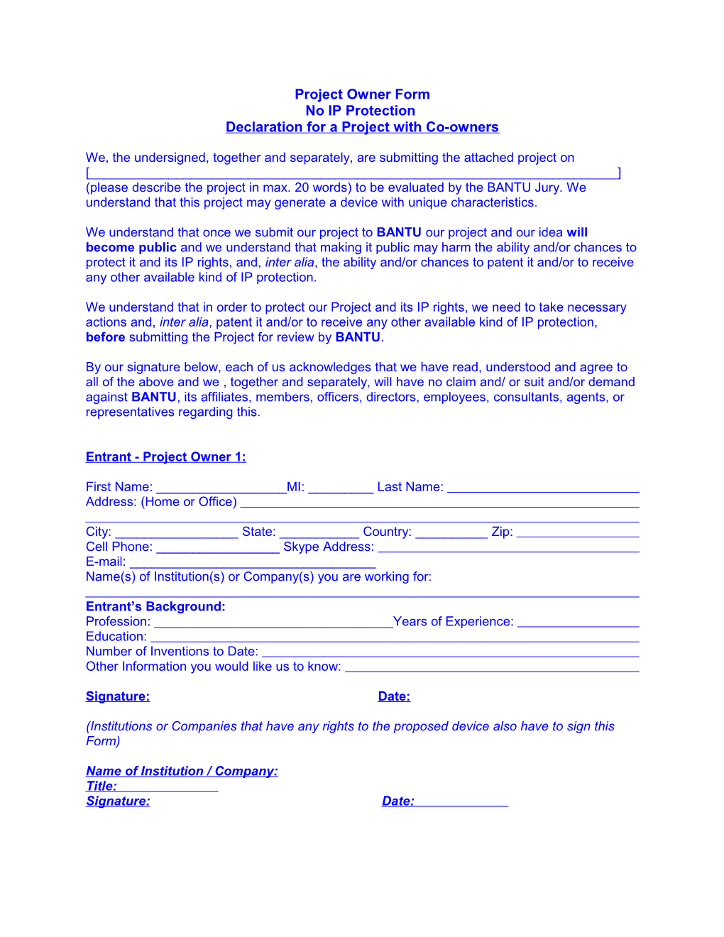 Project Owner Form