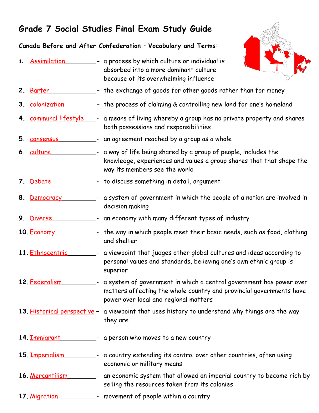 Canada Before and After Confederation Vocabulary and Terms