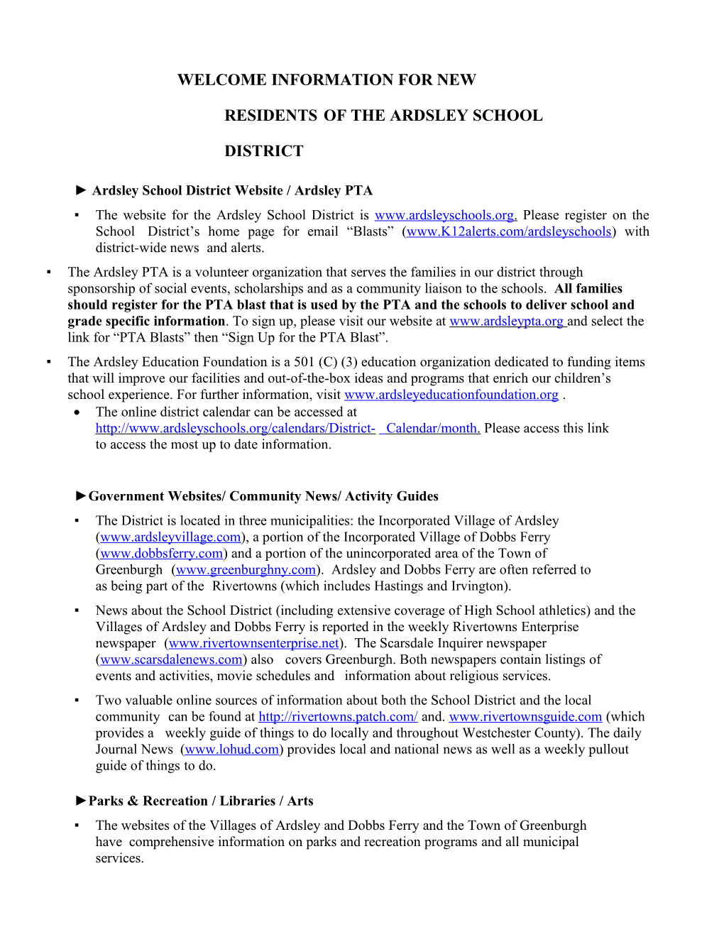 Welcome Information for New Members of the Ardsley School District Community